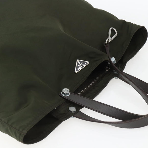 PRADA Tote Bag Nylon Khaki Silver Auth 157146