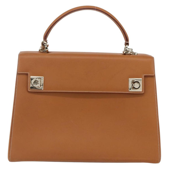 Salvatore Ferragamo Gancini Hand Bag Leather 2way Brown Gold Auth 157148V