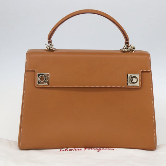 Salvatore Ferragamo Gancini Hand Bag Leather 2way Brown Gold Auth 157148V