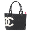 CHANEL Cambon Line Tote Bag Leather Black Silver CC Auth 157150SM-1