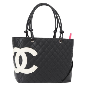 CHANEL Cambon Line Tote Bag Leather Black Silver CC Auth 157150SM