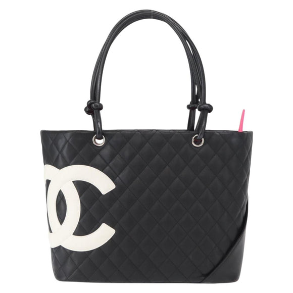 CHANEL Cambon Line Tote Bag Leather Black Silver CC Auth 157150SM