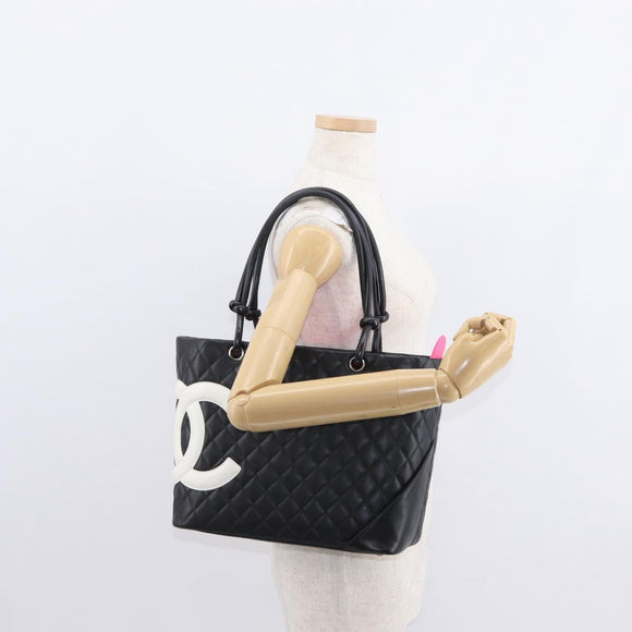 CHANEL Cambon Line Tote Bag Leather Black Silver CC Auth 157150SM