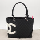 CHANEL Cambon Line Tote Bag Leather Black Silver CC Auth 157150SM-26
