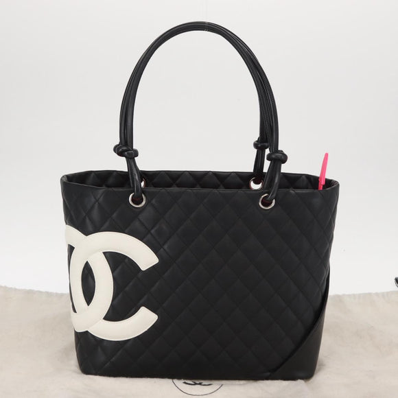 CHANEL Cambon Line Tote Bag Leather Black Silver CC Auth 157150SM