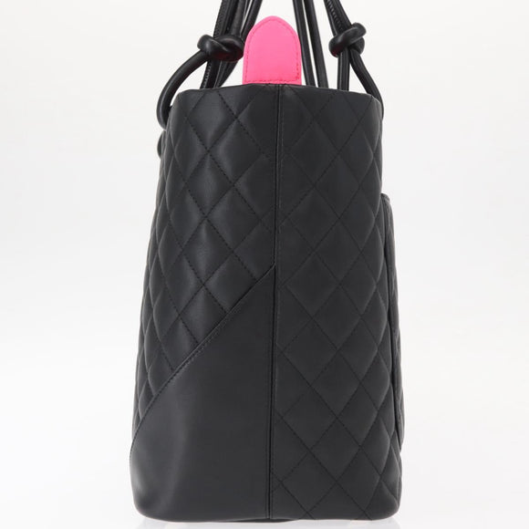 CHANEL Cambon Line Tote Bag Leather Black Silver CC Auth 157150SM