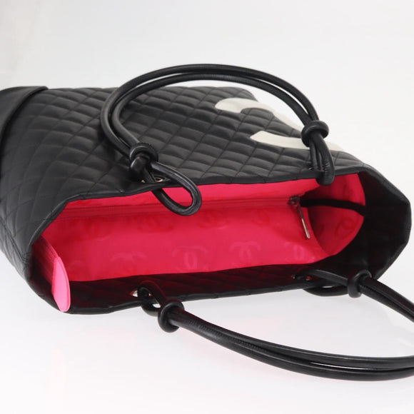 CHANEL Cambon Line Tote Bag Leather Black Silver CC Auth 157150SM