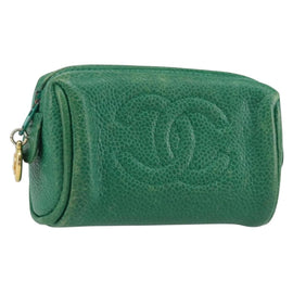 CHANEL Coin Purse Caviar Skin Green Gold CC Auth 157170