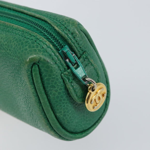 CHANEL Coin Purse Caviar Skin Green Gold CC Auth 157170