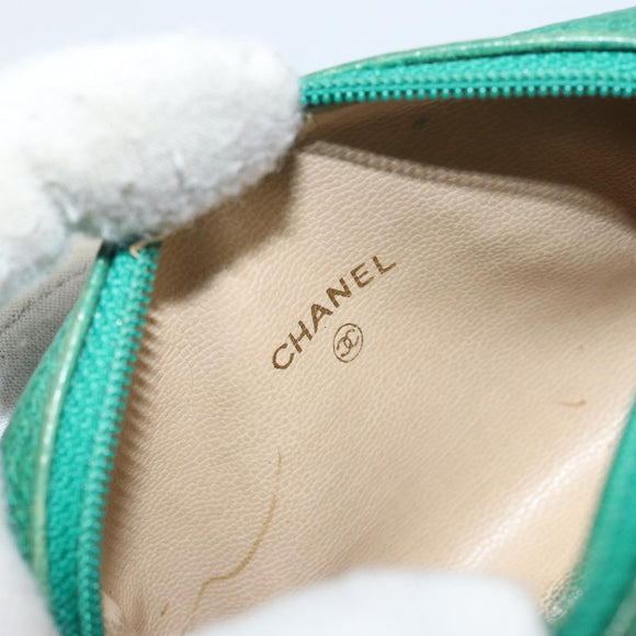 CHANEL Coin Purse Caviar Skin Green Gold CC Auth 157170