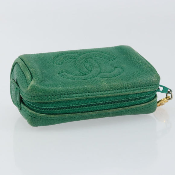 CHANEL Coin Purse Caviar Skin Green Gold CC Auth 157170