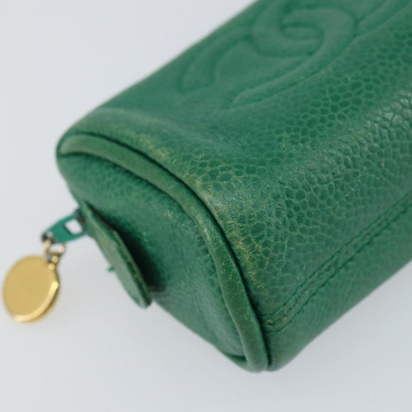 CHANEL Coin Purse Caviar Skin Green Gold CC Auth 157170
