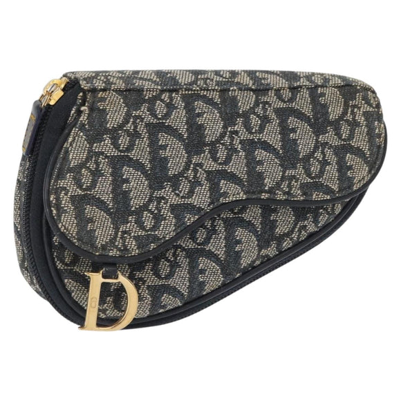 Christian Dior Trotter Canvas Saddle Pouch Navy Gold Auth 157216