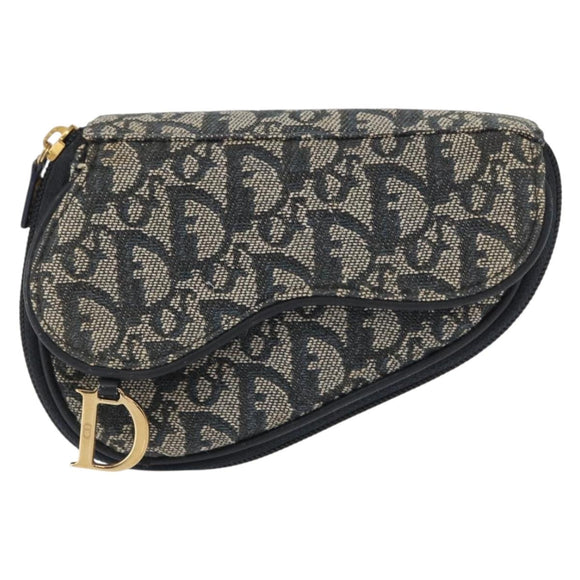 Christian Dior Trotter Canvas Saddle Pouch Navy Gold Auth 157216