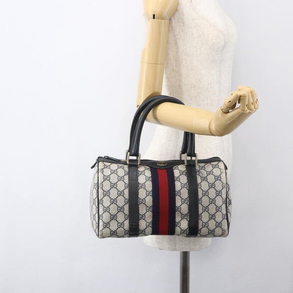 GUCCI GG Canvas Sherry Line Boston Bag Navy Gold Red 012 3841 58 Auth 157218