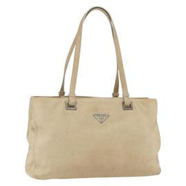 PRADA Tote Bag Leather Beige Silver Auth 157226