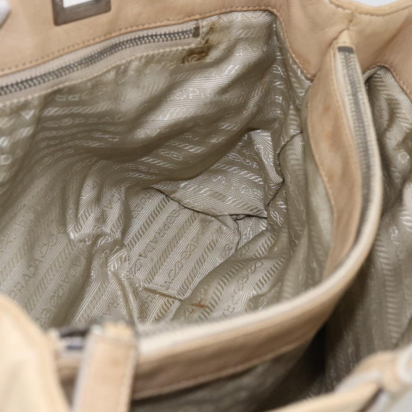 PRADA Tote Bag Leather Beige Silver Auth 157226