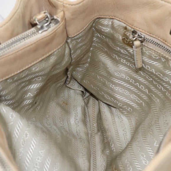 PRADA Tote Bag Leather Beige Silver Auth 157226