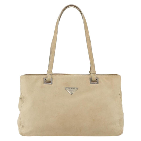 PRADA Tote Bag Leather Beige Silver Auth 157226