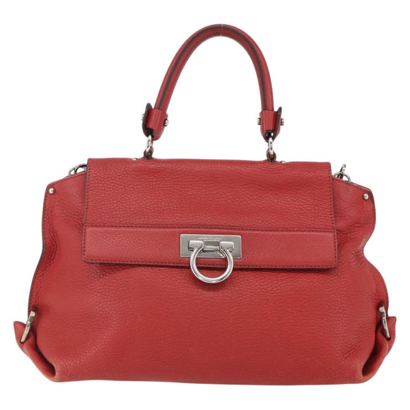Salvatore Ferragamo Gancini Hand Bag Leather 2way Red Silver Auth 157236