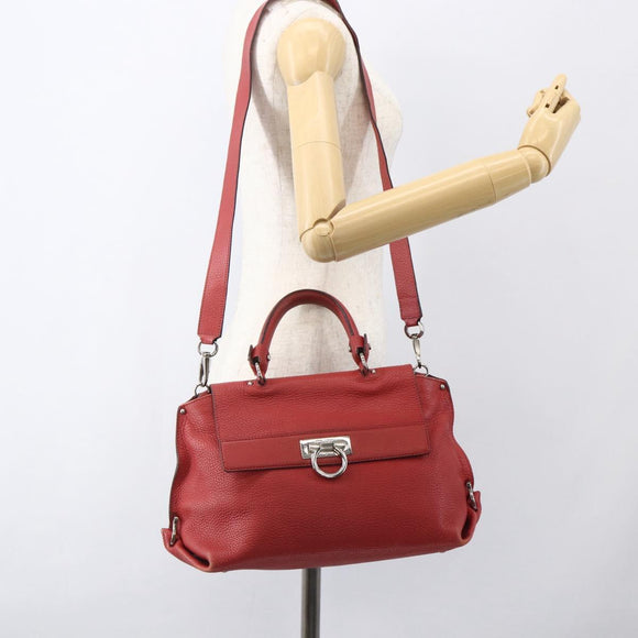 Salvatore Ferragamo Gancini Hand Bag Leather 2way Red Silver Auth 157236