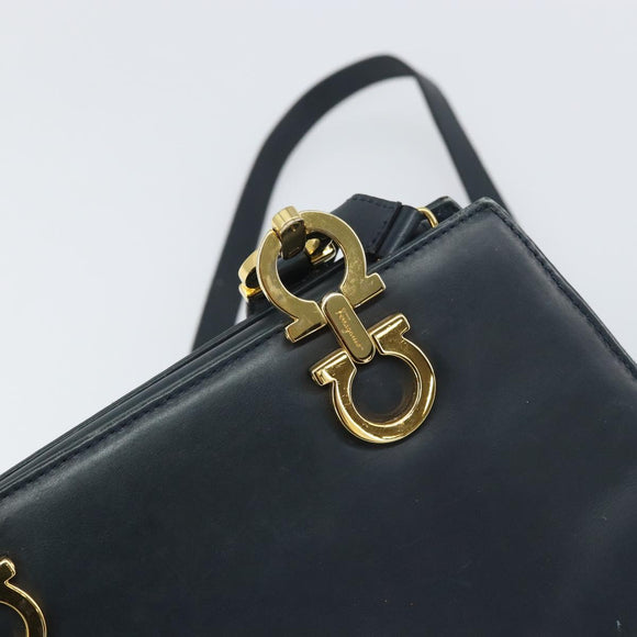 Salvatore Ferragamo Gancini Hand Bag Leather 2way Navy Gold Auth 157237