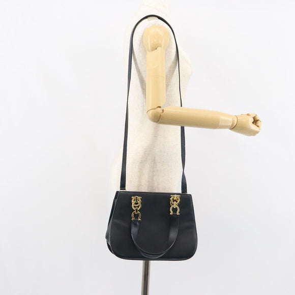 Salvatore Ferragamo Gancini Hand Bag Leather 2way Navy Gold Auth 157237