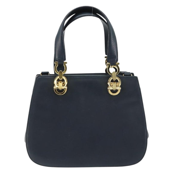 Salvatore Ferragamo Gancini Hand Bag Leather 2way Navy Gold Auth 157237