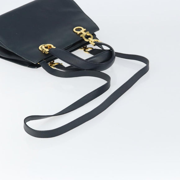 Salvatore Ferragamo Gancini Hand Bag Leather 2way Navy Gold Auth 157237