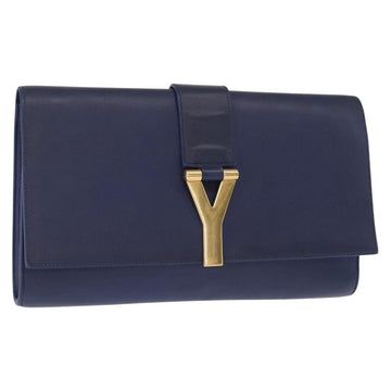 SAINT LAURENT Y line Clutch Bag Leather Blue Gold Auth 157238V