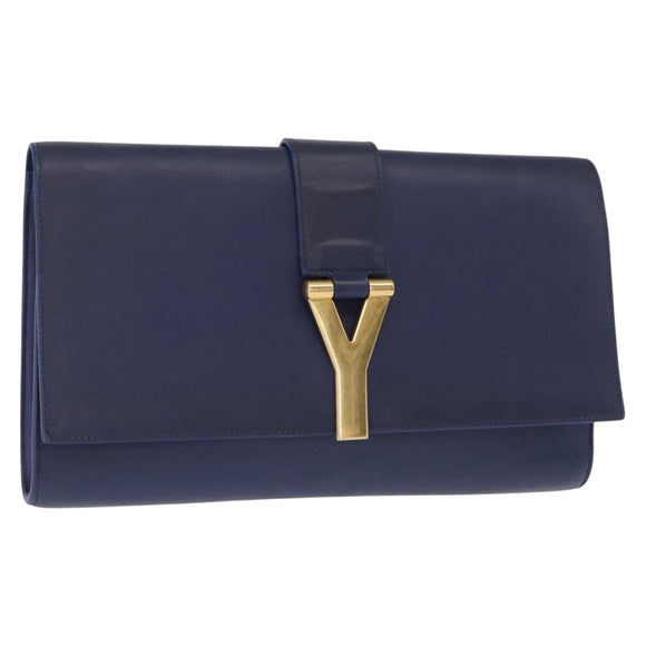 SAINT LAURENT Y line Clutch Bag Leather Blue Gold Auth 157238V
