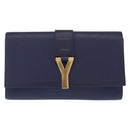 SAINT LAURENT Y line Clutch Bag Leather Blue Gold Auth 157238V-13