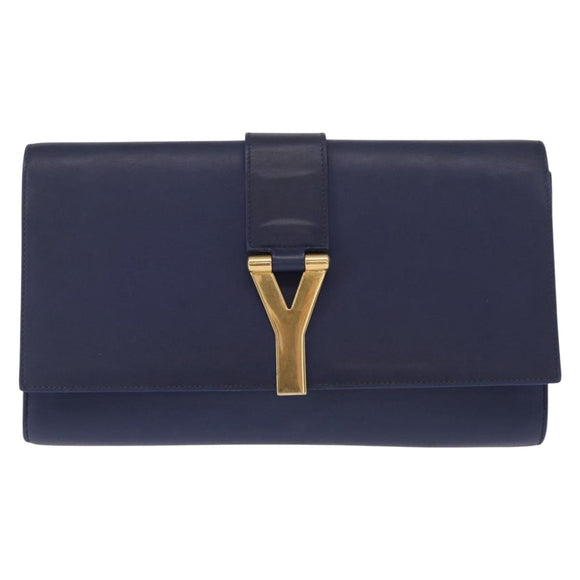 SAINT LAURENT Y line Clutch Bag Leather Blue Gold Auth 157238V