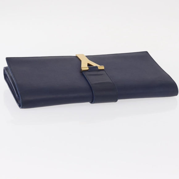 SAINT LAURENT Y line Clutch Bag Leather Blue Gold Auth 157238V