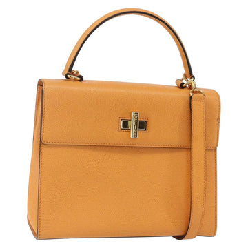 CELINE Hand Bag Leather 2way Orange Gold Auth 157260