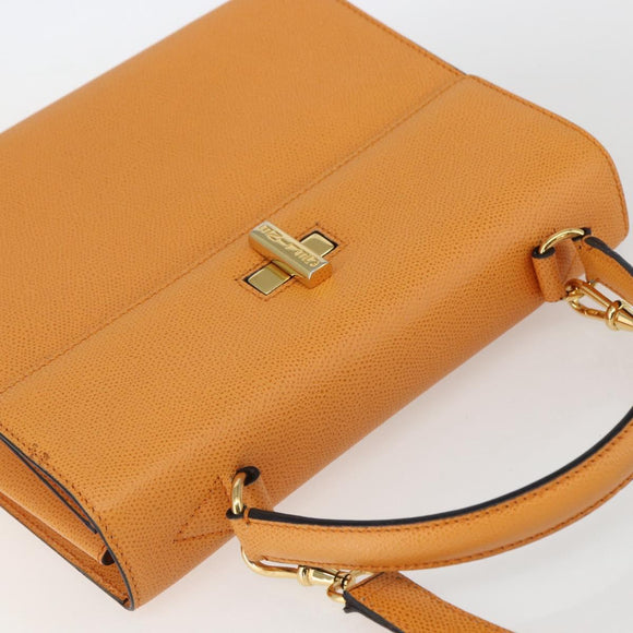 CELINE Hand Bag Leather 2way Orange Gold Auth 157260