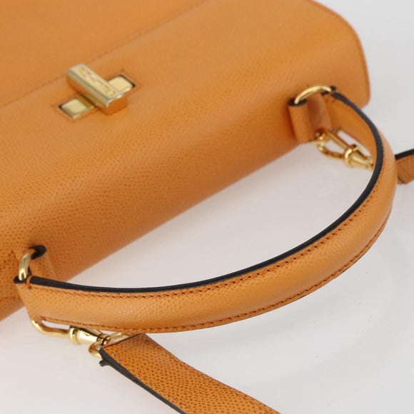 CELINE Hand Bag Leather 2way Orange Gold Auth 157260