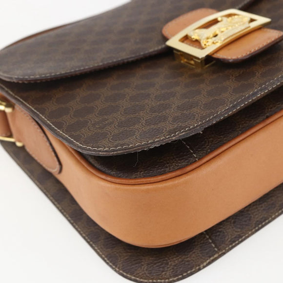 CELINE Macadam Canvas Horse Carriage Bag PVC Leather Brown Gold Auth 157263