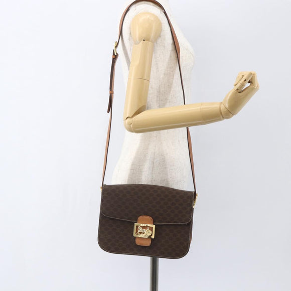 CELINE Macadam Canvas Horse Carriage Bag PVC Leather Brown Gold Auth 157263