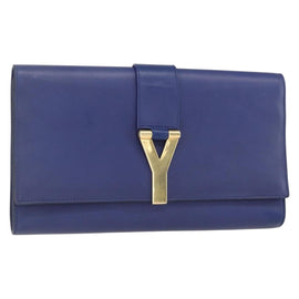 SAINT LAURENT Y line Clutch Bag Leather Blue Gold Auth 157266V