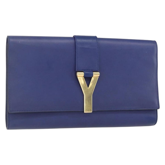 SAINT LAURENT Y line Clutch Bag Leather Blue Gold Auth 157266V