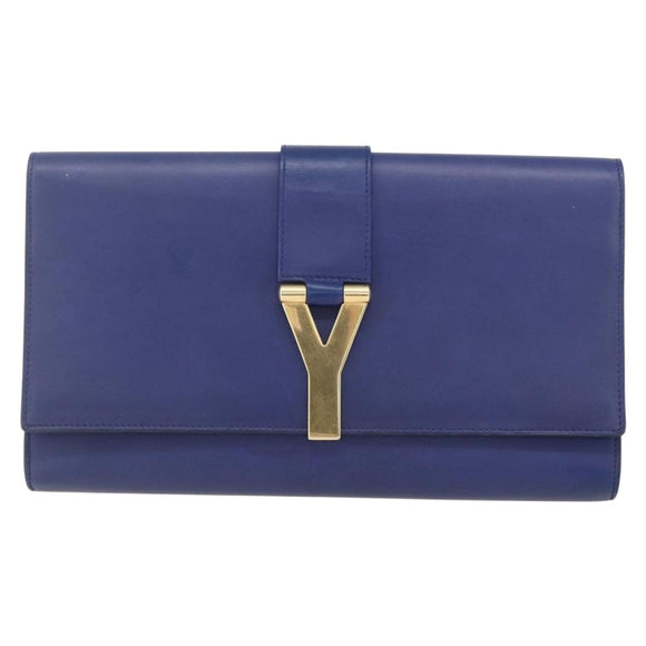 SAINT LAURENT Y line Clutch Bag Leather Blue Gold Auth 157266V