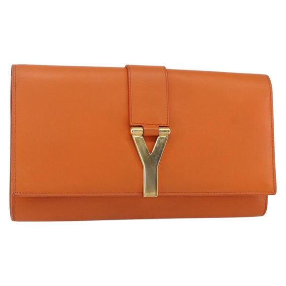 SAINT LAURENT Y line Clutch Bag Leather Orange Gold Auth 157267V