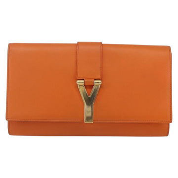 SAINT LAURENT Y line Clutch Bag Leather Orange Gold Auth 157267V - 0