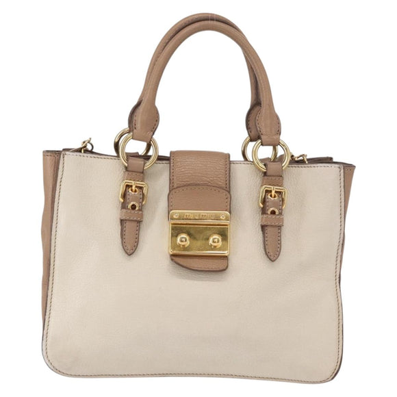 Miu Miu Madras Hand Bag Leather 2way Beige Gold Auth 157273