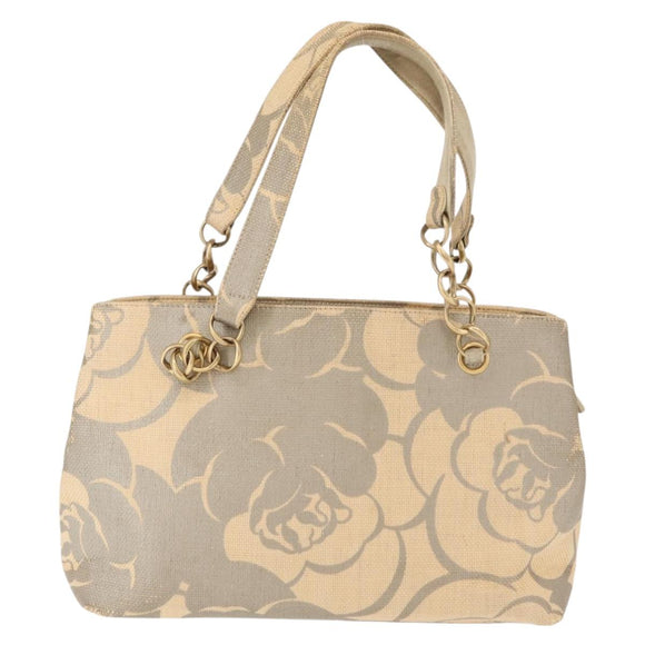 CHANEL Camelia Tote Bag Straw Beige Gold CC Auth 157274