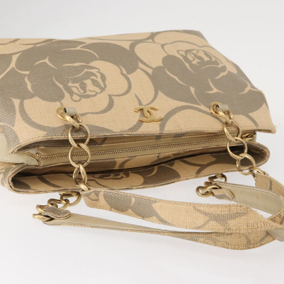 CHANEL Camelia Tote Bag Straw Beige Gold CC Auth 157274