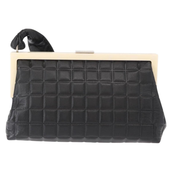 CHANEL Choco Bar Shoulder Bag Lamb Skin Black Silver CC Auth 157275