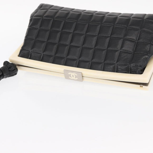 CHANEL Choco Bar Shoulder Bag Lamb Skin Black Silver CC Auth 157275