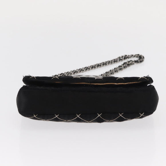 CHANEL Matelasse Ketting Schoudertas Satijn Zwart Zilver CC Auth 157278